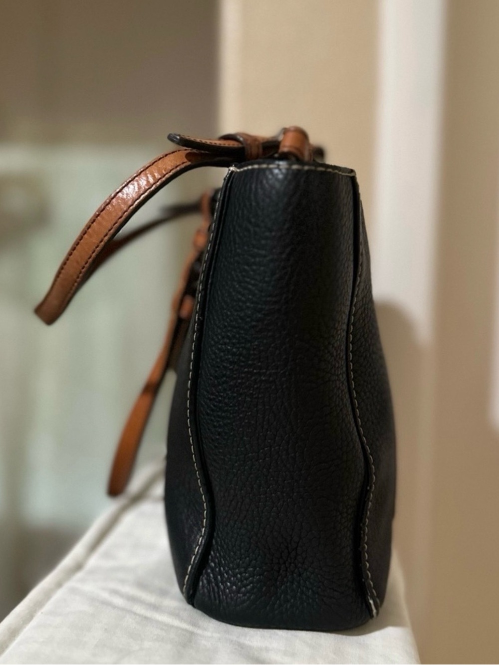 Coach Black Pebbled Leather Tote with Saddle Brown Handles - Picture 7 of 9